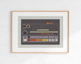 Roland TR-808 Drum Machine Digital Print, Retro Synth DJ Music Poster Design, Producer Music Studio Wall Art, Download - Grey Background