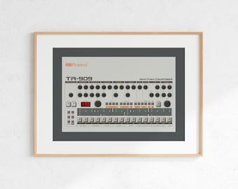 Roland TR-909 Drum Machine Digital Print, Retro Synth DJ Music Poster Design, Producer Music Studio Wall Art, Download - Grey Background