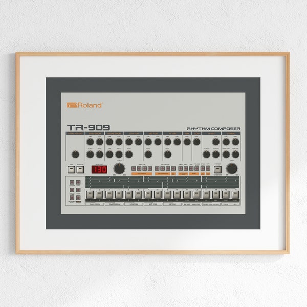 Roland TR-909 Drum Machine Digital Print, Retro Synth DJ Music Poster Design, Producer Music Studio Wall Art, Download - Grey Background