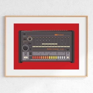 Roland TR-808 Drum Machine Digital Print, Retro Synth DJ Music Poster Design, Producer Music Studio Wall Art, Download - Red Background