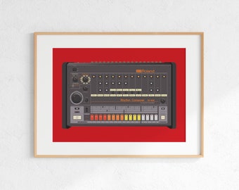 Roland TR-808 drummachine digitale print, retro synth DJ muziek posterontwerp, producer muziekstudio kunst aan de muur, download - rode achtergrond