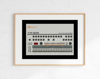 Roland TR-909 Drum Machine Digital Print, Retro Synth DJ Music Poster Design, Producer Music Studio Wall Art, Download - Black Background