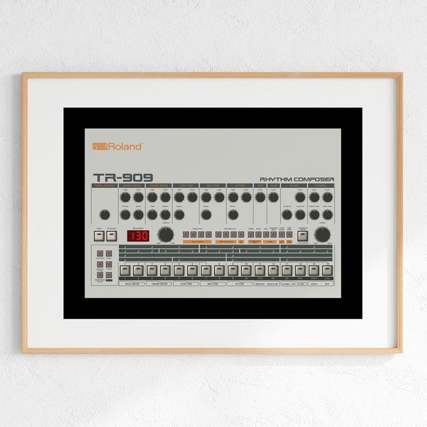 Roland TR-909 Drum Machine Digital Print, Retro Synth DJ Music Poster Design, Producer Music Studio Wall Art, Download - Black Background