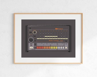 Roland TR-808 Drum Machine Digital Print, Retro Synth DJ Music Poster Design, Producer Music Studio Wall Art, Download - Grey Background