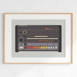 Roland TR-808 Drum Machine Digital Print, Retro Synth DJ Music Poster Design, Producer Music Studio Wall Art, Download - Grey Background