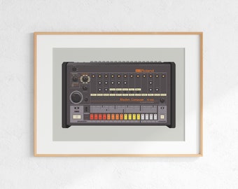 Roland TR-808 Drum Machine Digital Print, Retro Synth DJ Music Poster Design, Producer Music Studio Wall Art, Download - Grey Background