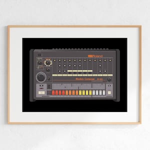 Roland TR-808 Drum Machine Digital Print, Retro Synth DJ Music Poster Design, Producer Music Studio Wall Art, Download - Black Background