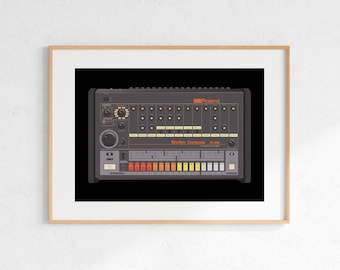 Roland TR-808 Drum Machine Digital Print, Retro Synth DJ Music Poster Design, Producer Music Studio Wall Art, Download - Black Background