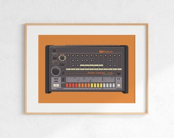 Roland TR-808 drummachine digitale print, retro synth DJ muziek posterontwerp, producer muziekstudio kunst aan de muur, download - oranje achtergrond