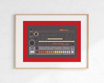 Roland TR-808 drummachine digitale print, retro synth DJ muziek posterontwerp, producer muziekstudio kunst aan de muur, download - rode achtergrond