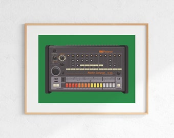 Roland TR-808 drummachine digitale print, retro synth DJ muziek posterontwerp, producer muziekstudio kunst aan de muur, download - groene achtergrond
