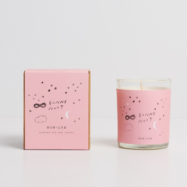 romantic gift! BONNE NUIT 'pastel' scented soy wax candle- glass votive + illustrated gift box, violet, peppercorns + oakmoss by bon lux