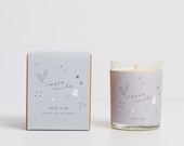 SWEET SMOKE 'pastel' scented soy wax candle-glass votive + illustrated gift box, campfire smoke, honey + spice, by bon lux