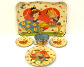 Vintage 1940s Toy Tea Set, Queen of Hearts, Ohio Art, Bryan Ohio, BK Benjamin, Tray signed, 5 piece set, Tin Litho, Mid Century Toy, Tin Toy