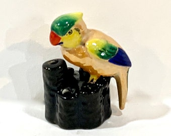 Vintage Lusterware Parrot Flower Frog and Bowl Set
