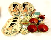 Vintage Ohio Art Tea Set, Ducky Bath Time, Illustrator Elaine Ends Hileman, includes 20 pieces, Child 39 s Tin Tea Set, 1940s