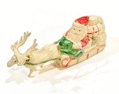 Antique Santa in Sleigh Reindeer Toy, Vintage Celluloid Plastic Viscoloid, Paper Label, Made in Japan 1920s