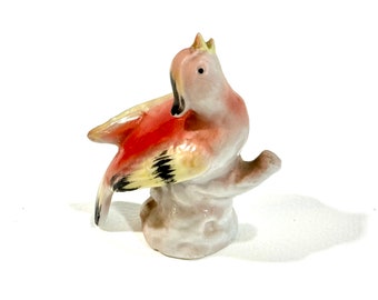 1940s Bisque Bird,  Made in Japan, Miniature Tropical Bird, Pink and Green, 3 inches, Gloss Finish, Hand Painted, Gift for her, Mid century