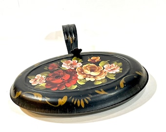 Vintage Tole Metalware ,Crumb Catcher, Silent Butler Hand Painted,  Black Enamel, Pink Roses, Folk Art, Mid Tinware,  1940s, Farmhouse Decor