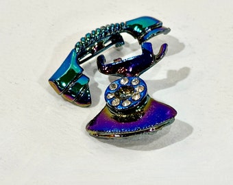 Vintage Brooch, Rotary Telephone, 2 piece set, Iridescent Blue Two Piece Rotary Telephone Rhinestones Brooch Pin Set, Gift for Collector