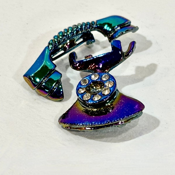 Vintage Brooch, Rotary Telephone, 2 piece set, Iridescent Blue Two Piece Rotary Telephone Rhinestones Brooch Pin Set, Gift for Collector