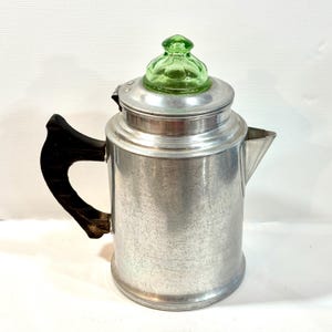 Vintage Aluminum Stovetop Percolator, 8 Cup, Green Uranium Glass Knob