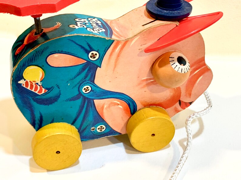 Vintage Fisher Price Pig Pinky No 695 First Version 1956 Nursery Decor Mid Century Toy Wood Pull Toy