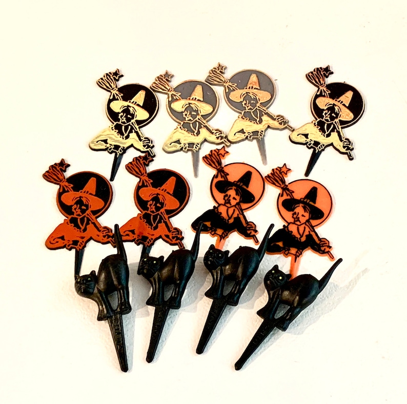 SET OF 6 VINTAGE HALLOWEEN CAKE CUPCAKE TOPPER PICKS ORNAMENT CAT WITCH MOON