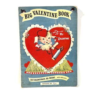 Libro de San Valentín, tarjetas para hacer, páginas faltantes, diseñado por EVE, Saalfield Publishing, mediados de la década de 1940, efímeras de papel, San Valentín para niños
