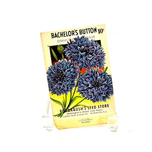 Op de afbeelding: Een vintage zaadzakje voor Bachelor's Button Cornflower Double Blue. Het rechthoekige papieren zakje bevat een botanische illustratie van drie diepblauwe bloemen met groene stengels en de tekst Roudabush's Seed Store, Wilmington, N.C.