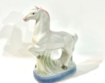 Vintage Horse, White Stallion, Ceramic High Gloss, Japan Figurine, Mid Century, 1950s MCM, Pink Yellow Blue Accents, Gift for Collector