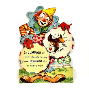 Tarjeta de San Valentín vintage, tarjeta de San Valentín de los años 50, payaso de circo, troquelada, 8 x 5 pulgadas, cachorro actor, payaso lindo, efímera de payaso, regalo para coleccionistas