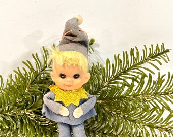 Vintage Pixie Elf Christmas, Made in Japan, Pixie Girl, Blonde Hair, Blue Felt Suit, Mid Century Holliday, Gift Idea, 1960s Era