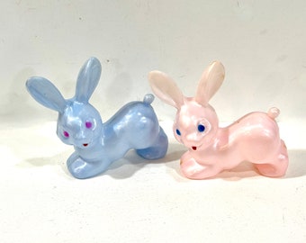Vintage Easter, Bunny Rabbits, Hard Plastic, Made in Hong Kong,  Bunny Rattle, Iridescent Colors, Pastel bunnies, Nursery Decor, Gift Idea