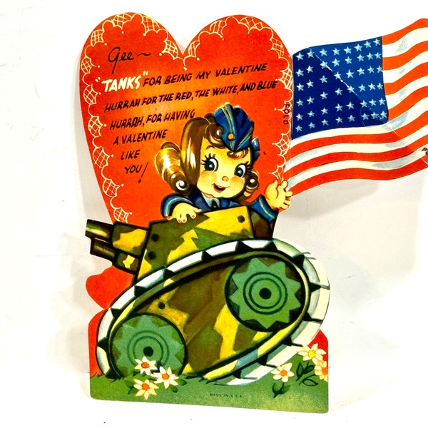 Vintage Valentine, Patriotic WWII, Army Tank,  Die Cut Valentine, Girl w Flag,  Mid Century Holiday, Military Valentine, 1940s Era