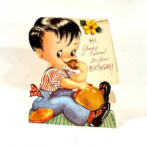 Vintage Geburtstagskarte, kleiner Junge, Keks essend, Glitter, Keksdose, Die Cut Karte, Stand Up Card, Mid Century 1940er Jahre, Papier Ephemera