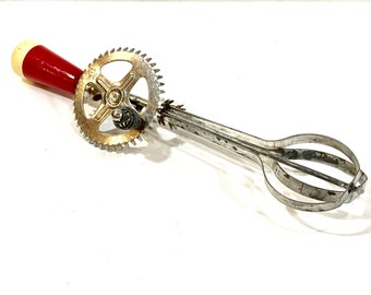 Vintage A&J Hand Beater: Red Wood Handle, Kitchen Decor