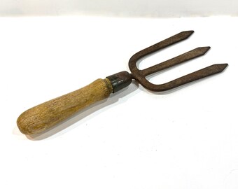 Vintage Garden Fork, Ames 3 Tine, Hand Tool, Wood and Steel, Primitive Rustic