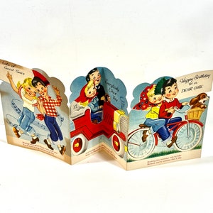 Carte de voeux, un souhait d'anniversaire, anniversaire de filles, chiot vélo, rock and roll, trois panneaux, dossiers debout, inutilisé avec enveloppe, époque des années 1950