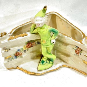 Vintage Pixie Elf Planter: Bisque Face, Leaning Against Fence, Treasure Craft California Pottery, 1950s