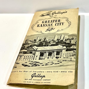 Carte vintage, Greater Kansas City, Gallop Map Co, milieu des années 40, carte dépliante, 30 x 91 cm, couvertures imprimées, cadeau pour collectionneur