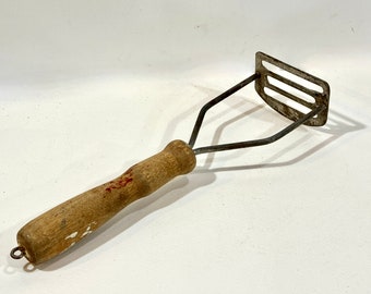 Vintage Potato Masher, Wood Handle Steel Masher, Kitchen Utensil, Slotted Holdes,  Primitive Kitchen Tools, Kitchen Decor, Circa 1940s