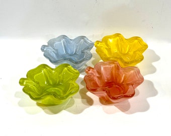Vintage Snack Dishes, Satintone Glass, Heavy Glass, Set of 4, Shamrock, Four Leaf Clover, Blue Pink, Green Yellow, Glass Ashtrays, Gift