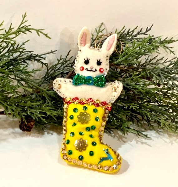 Vintage Christmas Felt Bunny Sequins Beads Hand Crafted | Etsy