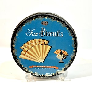 Boîte à biscuits vintage des années 50 : publicité pour les biscuits en éventail, décoration de cuisine de ferme