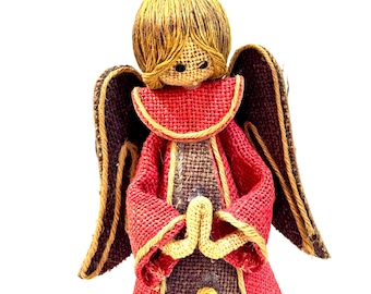 Jaren 70 jute engel, boomtopper, kartonnen kegel, 10 inch, gemaakt in Taiwan ROC