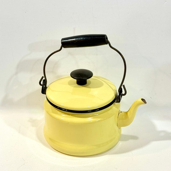 Vintage Kitchen, Tea Kettle, Yellow Enamelware, Mid Century 1960s, Farmhouse Kitchen, Coffee Pot Wood Grip, Metal Teapot, Gift for Her