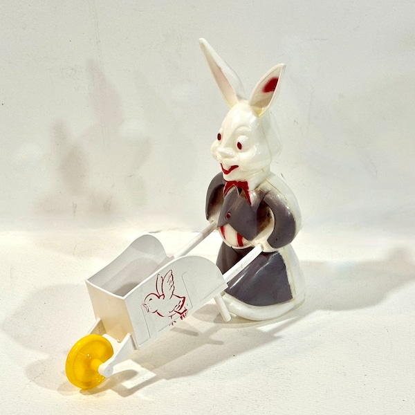 Vintage Plastic Bunny Rabbit, Yellow Wheelbarrow, Candy Container, Easter Basket Toy, Rosen Rosbro, Mid Century Holiday, Circa 1950's