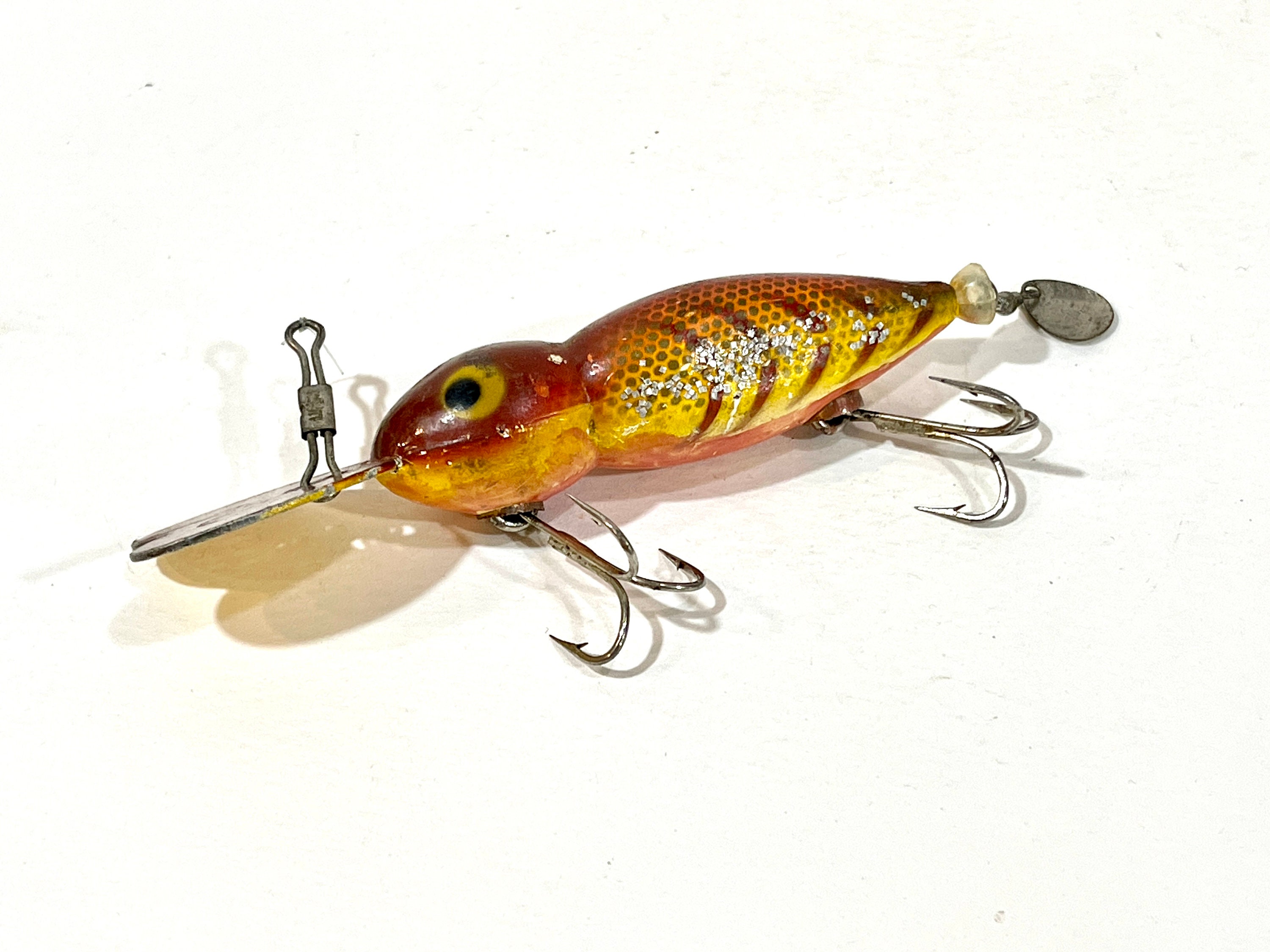 Vintage Fishing Lure, Bomber, Water Dog Lure, Treble Hooks, Sienna Red,  Yellow and Stripes, Tail Spinner, Spoon Bill, Crank Bait, Bass Lure 