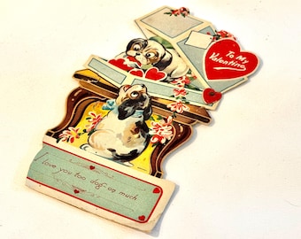 Biglietto di San Valentino vintage, cuccioli e cuori, biglietto meccanico, materiale effimero degli anni '30, firmato, Germania
